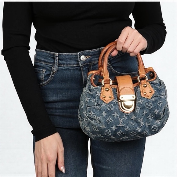 Louis Vuitton Monogram Denim Pleaty Bag Blue Vachetta Trim Handbag with receipt - Picture 14 of 17